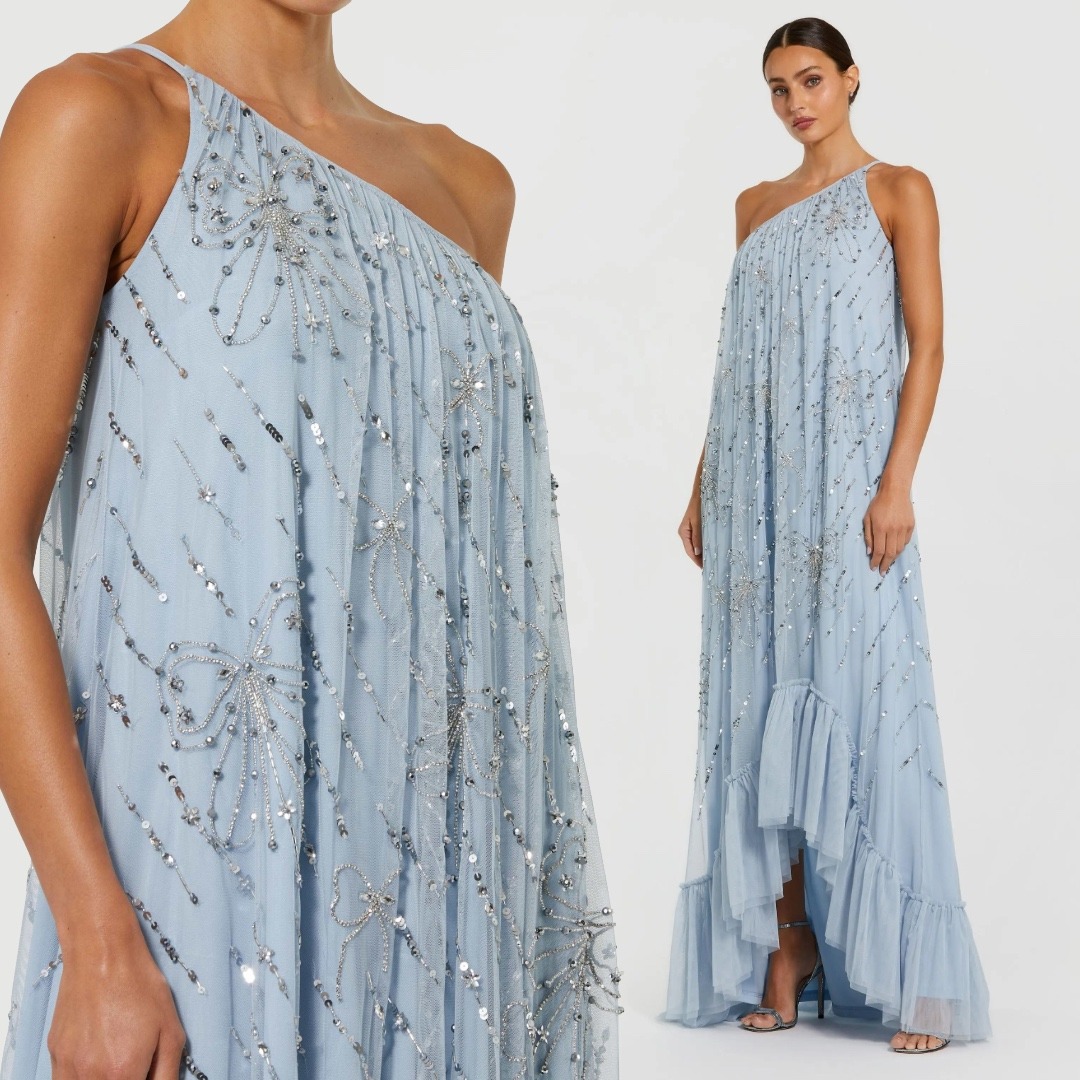 Mac Duggal Blue One Shoulder Bow Embellished High Low Gown $598 - Size 14